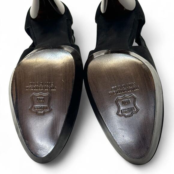 Stuart Weitzman Black Suede Platform Heels Pumps Size 6 Buckle Strap Glam NWOT - Picture 10 of 13